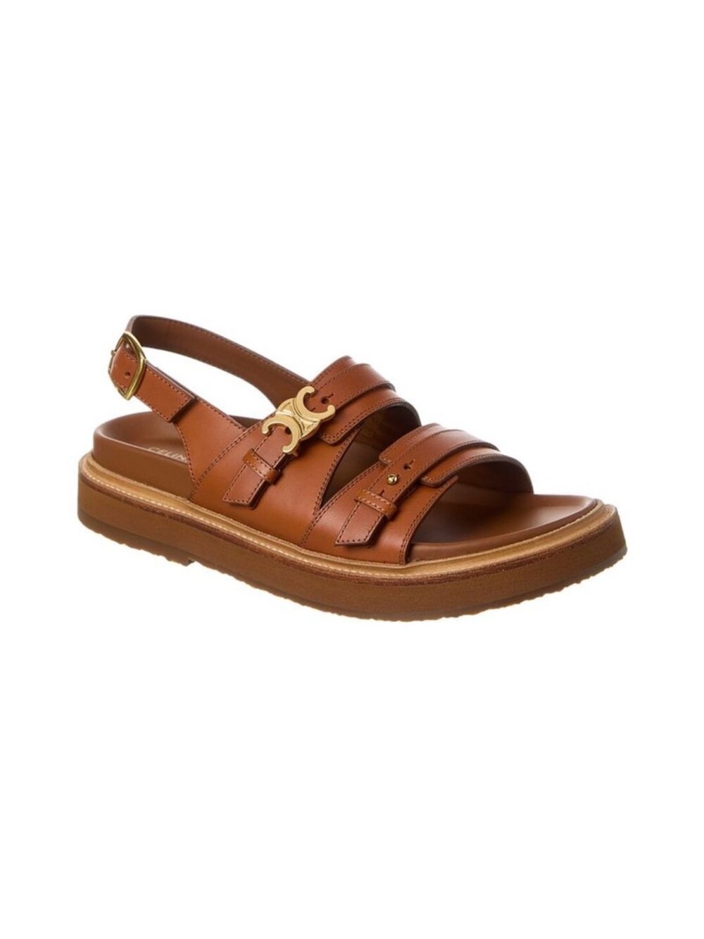Celine Triomphe  Leather Brown Double-Strap Slingback Sandal with Gold Accent